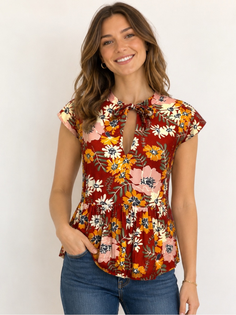 NWT Free Assembly Floral SL Tie Neck Top Medium *Autumn Vibes *